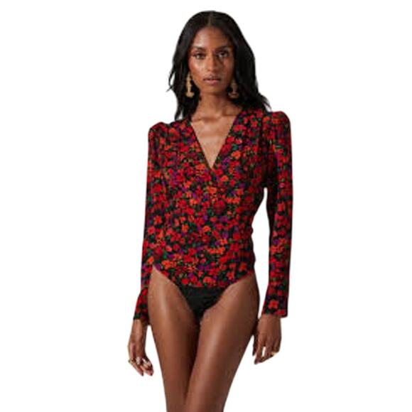 Astr Tops - ASTR The Label Floral Sheer Long Sleeve Bodysuit Black Red Women's Small